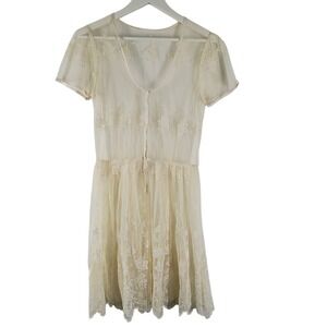 Sheer Lace Floral Overlay Dress  Ivory Short Sleeve Small Balletcore Coquette